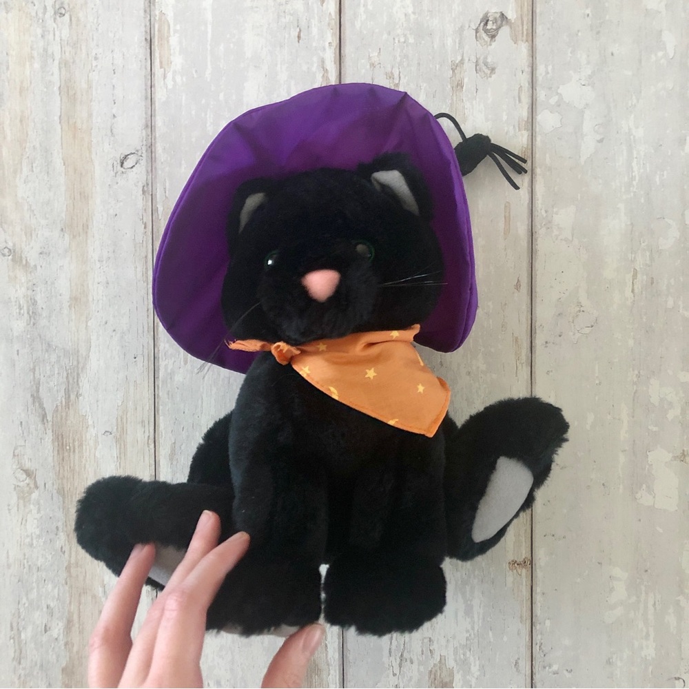Vintage Hallmark Black Cat Halloween Plush w/ Witch Hat